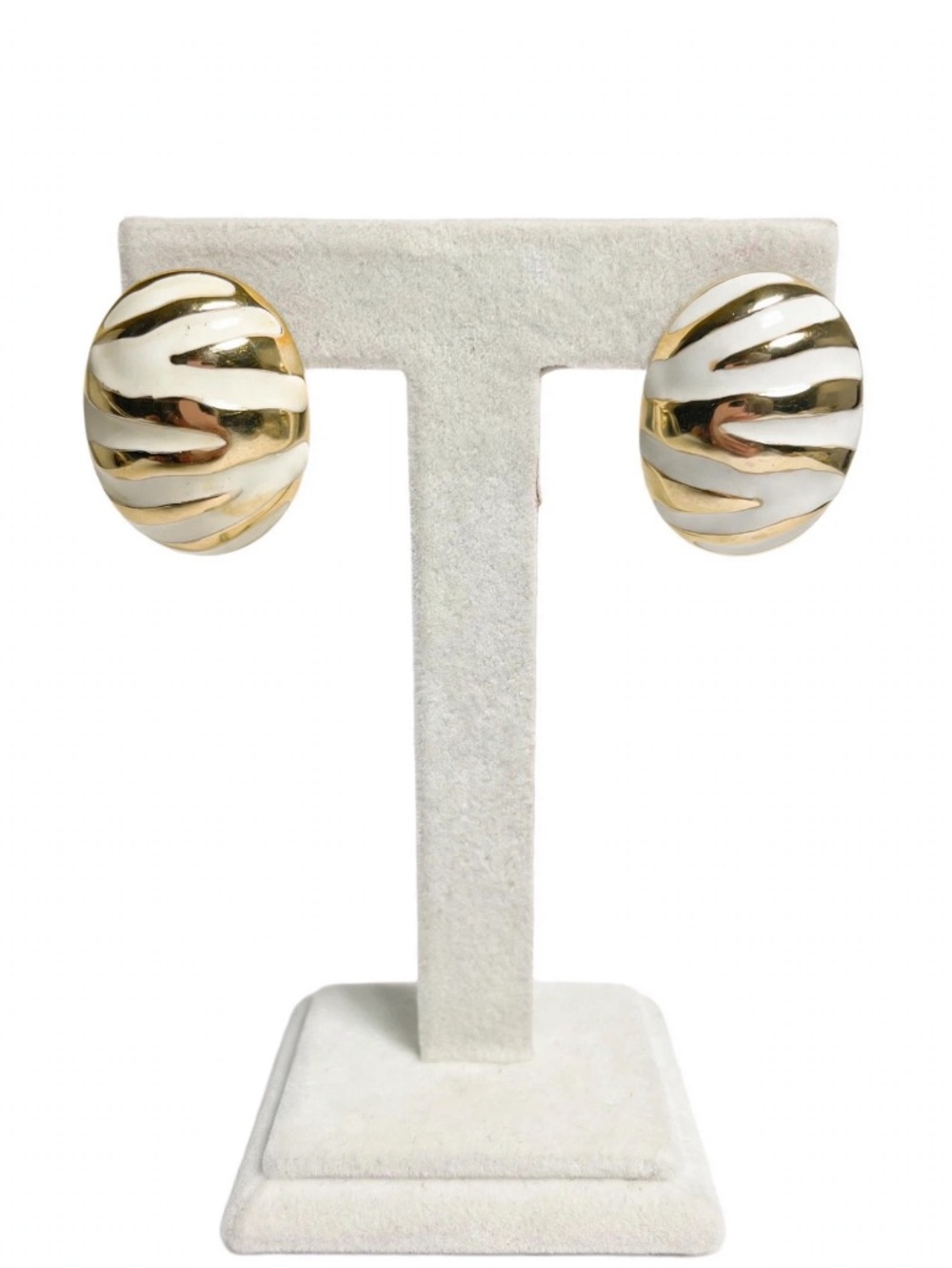 Zebra Stripe Clip-On Earrings - White & Gold Oval